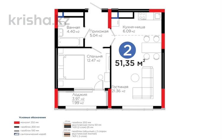 2-комнатная квартира · 51.35 м² · 12 этаж, Бухар жырау 20a за 45 млн ₸ в Астане, Нура р-н — фото 2