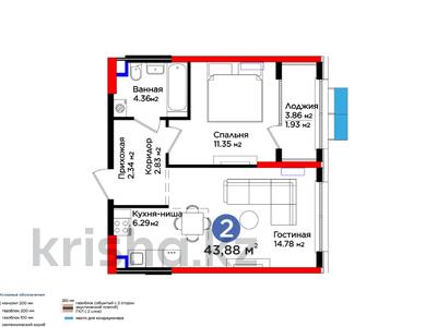 2-комнатная квартира, 43.88 м², 2/12 этаж, К. Толеметова за ~ 21 млн 〒 в Шымкенте, Абайский р-н