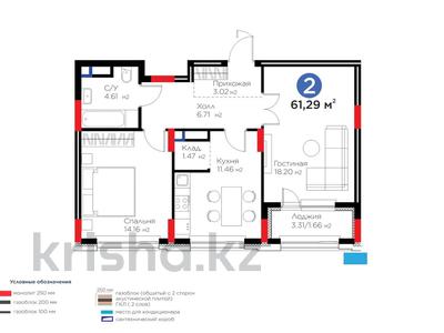 2-комнатная квартира · 61.29 м² · 5/9 этаж, Сагадат Нурмагамбетов 17 за 42.5 млн ₸ в Астане, Сарайшык р-н