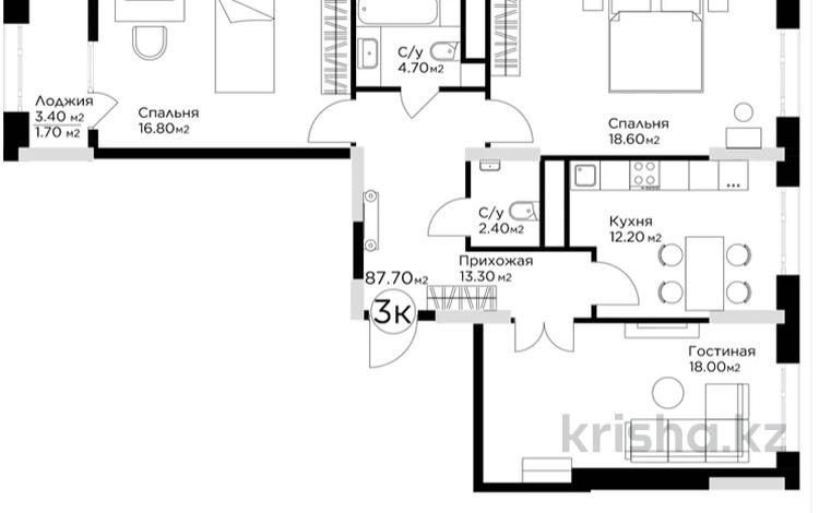 3-комнатная квартира · 87.7 м² · 12/18 этаж, ул. Е-36 — БЕЗ КОМИССИИ/ ВЫБОР ЭТАЖА И ПЛАНИРОВКИ за ~ 40.6 млн ₸ в Астане, Нура р-н — фото 2