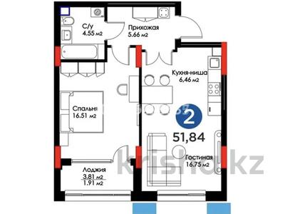 2-бөлмелі пәтер · 51.84 м² · 2/12 қабат, Мухамедханова 4/1, бағасы: 56 млн ₸ в Астане, Нура р-н