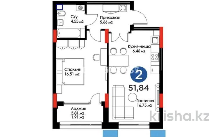 2-бөлмелі пәтер · 51.84 м² · 2/12 қабат, Мухамедханова 4/1, бағасы: 56 млн ₸ в Астане, Нура р-н — фото 2