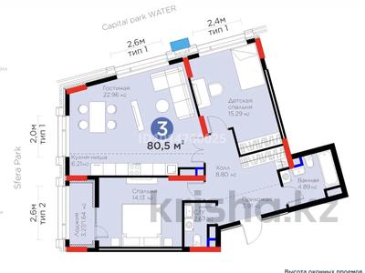 3-бөлмелі пәтер · 81 м², ​Аль-Фараби 3/2 — Прямой вид на сфера парк, бағасы: 82 млн ₸ в Астане, Есильский р-н