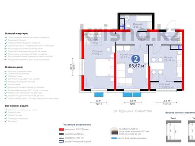 2-комнатная квартира, 66 м², 4 этаж, К. Толеметова 113 за ~ 35.5 млн 〒 в Шымкенте, Аль-Фарабийский р-н
