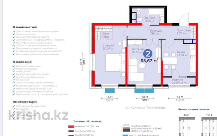 2-комнатная квартира, 66 м², 4 этаж, К. Толеметова 113 за ~ 35.5 млн 〒 в Шымкенте, Аль-Фарабийский р-н — фото 2