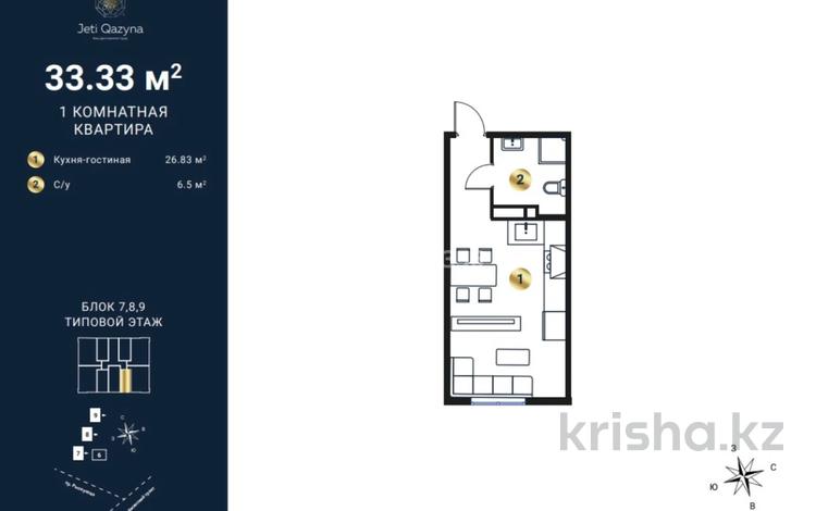 1-бөлмелі пәтер, 33.33 м², 2/9 қабат, мкр Кайрат, Сыбызгы 100, бағасы: 14 млн 〒 в Алматы, Турксибский р-н — фото 5