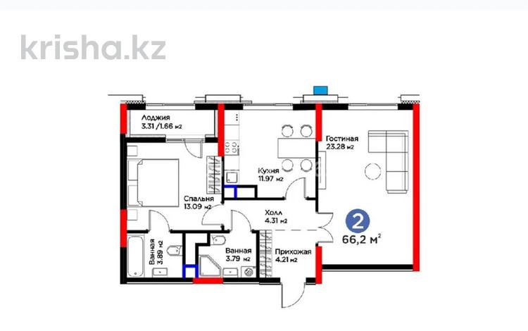2-комнатная квартира · 66.2 м² · 12/20 этаж, Кайым Мухамедханов 6/1 — 1 ОЧЕРЕДЬ! за 66 млн ₸ в Астане, Нура р-н — фото 2