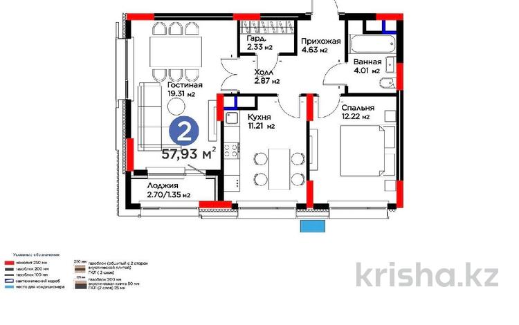 2-комнатная квартира · 58 м² · 5/9 этаж, Туран 57/6 за 46.5 млн ₸ в Астане, Нура р-н — фото 2