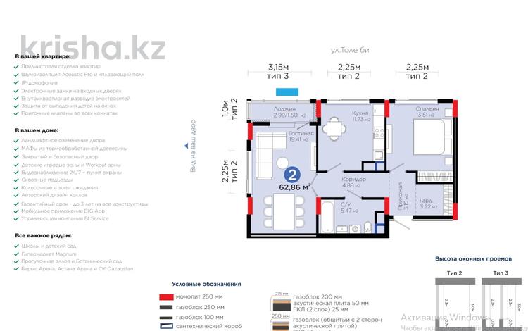 2-комнатная квартира · 63 м² · 4/9 этаж, Туран 57д за 45.5 млн ₸ в Астане, Нура р-н — фото 2