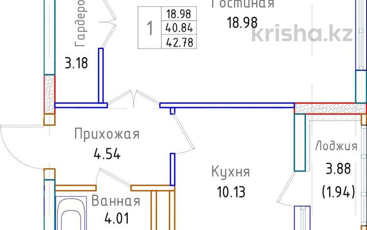 1-комнатная квартира · 42.78 м² · 6/9 этаж, Жумекен Нажимеденова 39 за 14.7 млн 〒 в Астане, Сарайшык р-н — фото 2