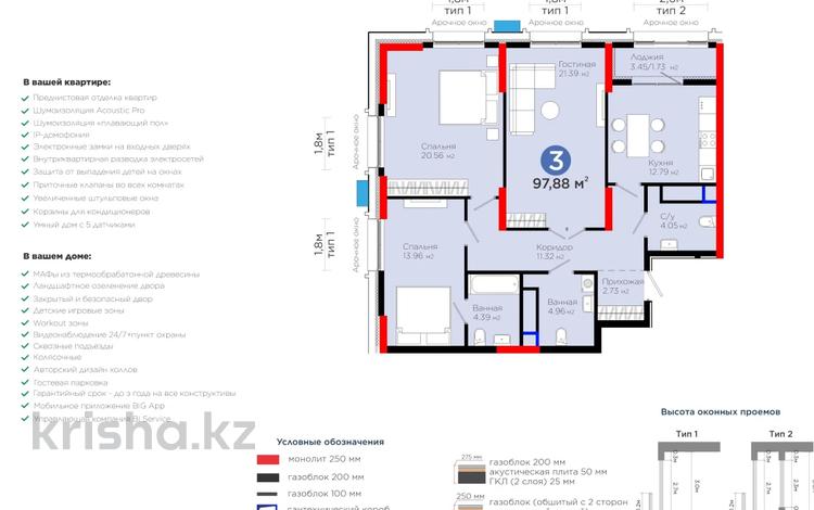 3-комнатная квартира · 97.88 м² · 15/20 этаж, Турар Рыскулова 1/1 — ШИКАРНЫЙ ВИДАРОЧНЫЕ ОКНА за 87 млн ₸ в Астане, Есильский р-н — фото 2