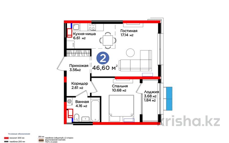 2-бөлмелі пәтер · 46.6 м² · 3/12 қабат, К. Толеметова, бағасы: 26.5 млн ₸ в Шымкенте — фото 2