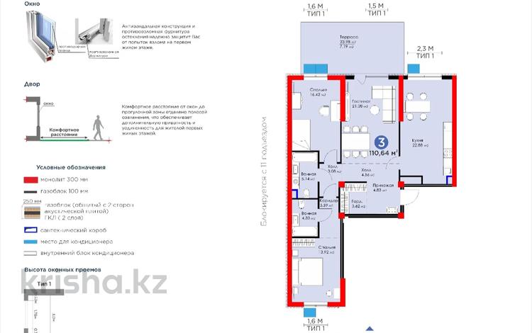 3-комнатная квартира, 111 м², 1/16 этаж, Сырым батыра 99/3 за ~ 40.7 млн 〒 в Шымкенте, Аль-Фарабийский р-н — фото 2
