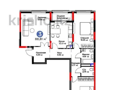 3-комнатная квартира · 88.8 м² · 5/14 этаж, Бухар Жырау 33 за 80 млн ₸ в Астане, Есильский р-н