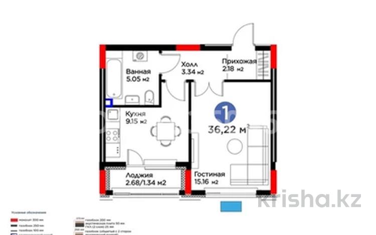 1-комнатная квартира · 36.2 м², мкр Комсомольский Е 117 улица 55 за 26 млн ₸ в Астане, Есильский р-н — фото 2
