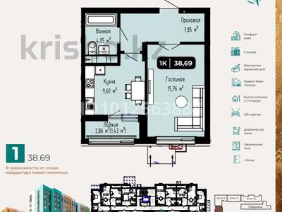 1-бөлмелі пәтер · 38.69 м² · 7/9 қабат, А102 11/1, бағасы: 16 млн ₸ в Астане, Сарайшык р-н
