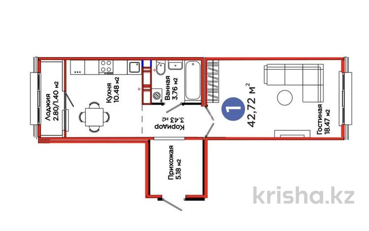 1-комнатная квартира · 42.72 м² · 4/12 этаж, Улы Дала 10 за 25.8 млн ₸ в Астане, Нура р-н — фото 2