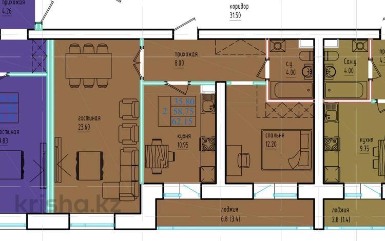 2-комнатная квартира · 63 м² · 4/5 этаж, Байтурсынова 98/2 — Кошкарбаева за 21.5 млн ₸ в Кокшетау — фото 2