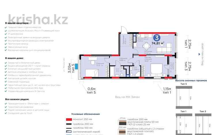3-бөлмелі пәтер · 75 м² · 12/17 қабат, Жошы хан 10, бағасы: 56.5 млн ₸ в Астане, Есильский р-н — фото 2