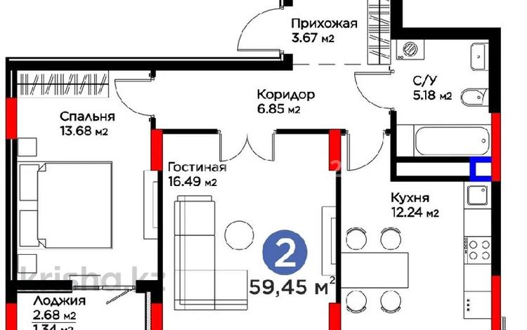 2-бөлмелі пәтер · 59.45 м² · 6/9 қабат, Нұрсая ш/а., Абулхайр-хана 69/1, бағасы: 42 млн ₸ в Атырау, мкр Нурсая — фото 2