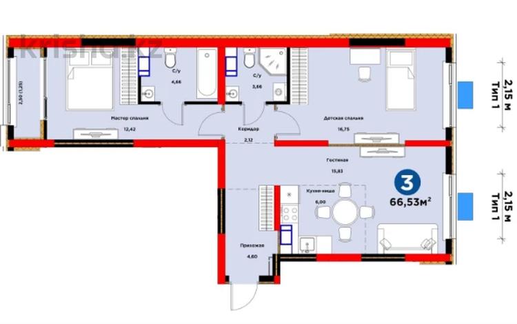 3-бөлмелі пәтер · 66.53 м² · 2/9 қабат, Райымбека 219Б, бағасы: ~ 50.5 млн ₸ в Алматы, Жетысуский р-н — фото 2