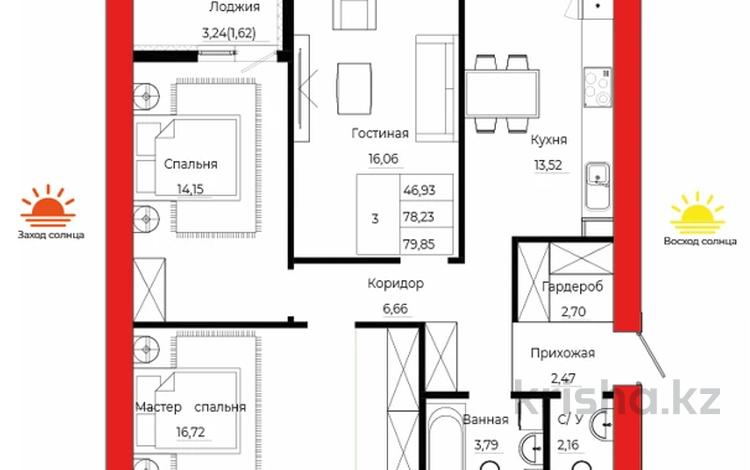 3-комнатная квартира · 80.48 м² · 6/9 этаж, Айтматова 21 за 35 млн ₸ в Астане, Нура р-н — фото 2