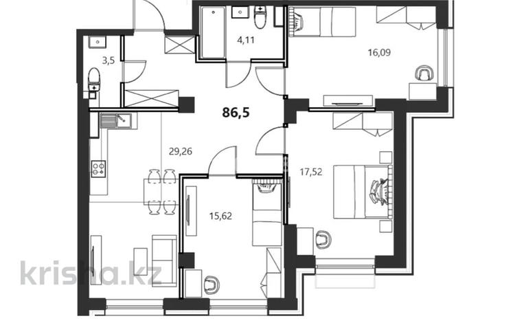 3-комнатная квартира · 86.5 м² · 9/13 этаж, Байдибек би стр. 127/7 — Баидібек би за 44 млн 〒 в Шымкенте, Абайский р-н — фото 2