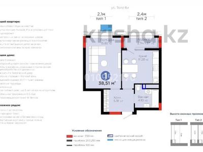 1-комнатная квартира · 38.51 м² · 6/9 этаж, Бухар жырау 57/6 за 26.5 млн 〒 в Астане, Нура р-н