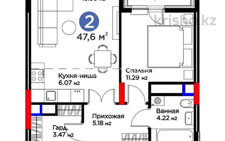 2-бөлмелі пәтер · 48 м² · 11/12 қабат, Турар Рыскулов 18, бағасы: 39.5 млн ₸ в Астане, Есильский р-н — фото 2
