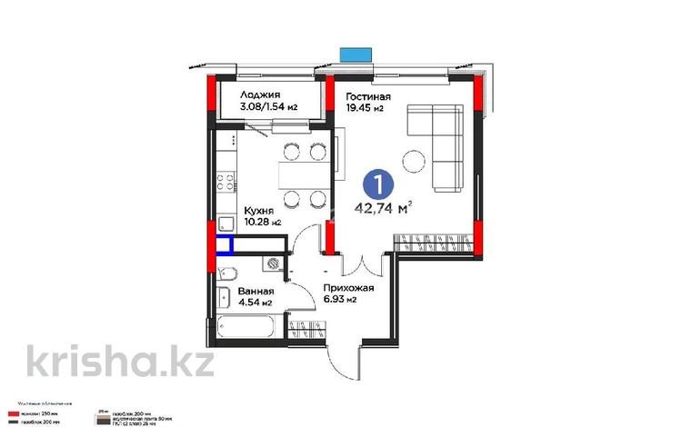 1-бөлмелі пәтер · 43 м² · 5/12 қабат, Турар Рыскулов 18, бағасы: 35 млн ₸ в Астане, Есильский р-н — фото 2