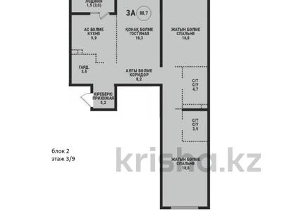 3-бөлмелі пәтер · 88.7 м² · 3/9 қабат, Ботакоз 5 БЕЗ КОМИССИИ, бағасы: ~ 49.1 млн ₸ в Алматы, Алатауский р-н