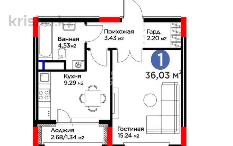1-комнатная квартира · 36 м² · 4/9 этаж, мкр Комсомольский, Bosaga 1 за 25.5 млн ₸ в Астане, Есильский р-н — фото 2