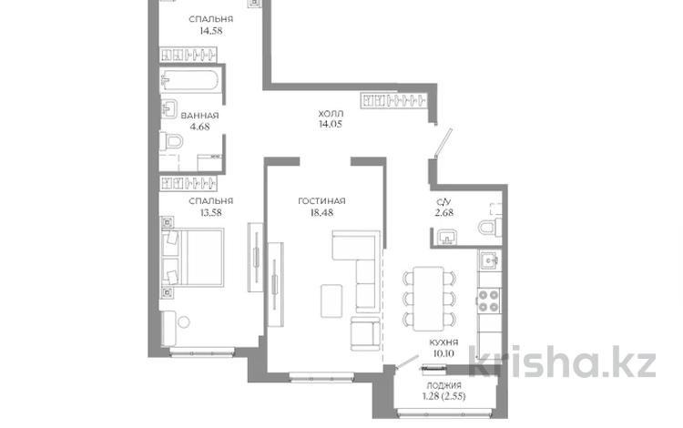 3-комнатная квартира · 78.6 м² · 6/9 этаж, Казыбек би 19 за ~ 42.2 млн ₸ в Астане, Нура р-н — фото 2
