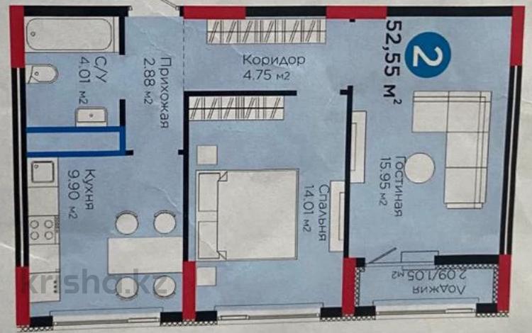 2-бөлмелі пәтер · 53 м² · 8/12 қабат, Е 908 23, бағасы: ~ 32 млн ₸ в Астане, Нура р-н — фото 4