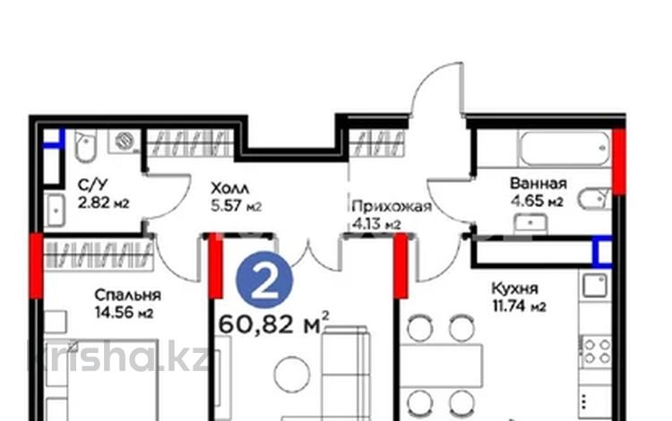 2-бөлмелі пәтер · 60 м² · 10/16 қабат, Бухар Жырау 33, бағасы: 49.5 млн ₸ в Астане, Есильский р-н — фото 2
