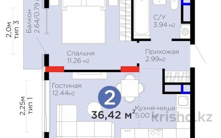 2-комнатная квартира · 36.42 м² · 5/9 этаж, Е 908 23 — Цена ниже чем у застройщика за 20.5 млн ₸ в Астане, Нура р-н — фото 2