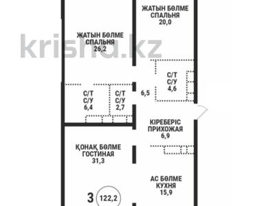 3-бөлмелі пәтер · 122.2 м² · 4/9 қабат, Аль-Фараби 69B, бағасы: ~ 261.4 млн ₸ в Алматы, Бостандыкский р-н
