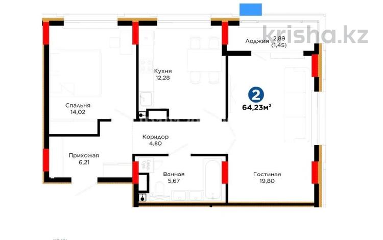 2-бөлмелі пәтер · 64.23 м² · 5/9 қабат, Е 101 5, бағасы: 38.9 млн 〒 в Астане, Нура р-н — фото 2