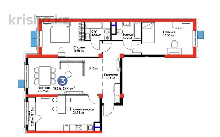 3-комнатная квартира · 107 м² · 4/16 этаж, Сырым батыра 2 — Пересечение ул. Сырым батыра и ул. Тулеметова за 55 млн ₸ в Шымкенте — фото 2