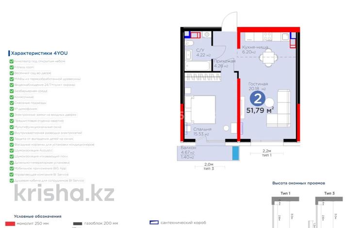 2-комнатная квартира, 51.79 м², 5 этаж, Рыскулова 32 за ~ 28.5 млн 〒 в Шымкенте, Енбекшинский р-н — фото 2