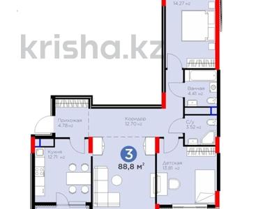 3-бөлмелі пәтер · 88.8 м² · 7/14 қабат, Е 915, бағасы: ~ 53 млн ₸ в Астане, Есильский р-н