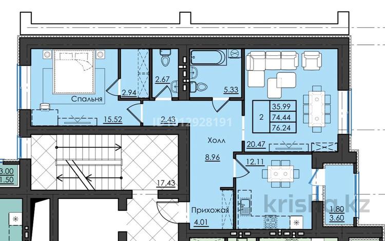 2-бөлмелі пәтер · 76.24 м² · 7/9 қабат, Микрорайон Береке, микрорайон Береке 100, бағасы: 29.5 млн ₸ в Костанае — фото 2