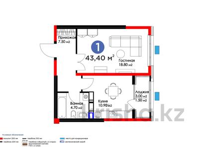 1-комнатная квартира, 43.4 м², 3/9 этаж, К. Толеметова 64 за ~ 23.7 млн 〒 в Шымкенте