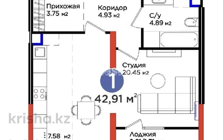 1-бөлмелі пәтер · 42.91 м², Нурсултана Назарбаева 1, бағасы: 31.5 млн ₸ в Шымкенте, Каратауский р-н — фото 2