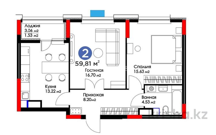 2-комнатная квартира · 60 м² · 14/14 этаж, Рыскулова 16/2 — Бокейхана за 29.5 млн 〒 в Астане, Есильский р-н — фото 2