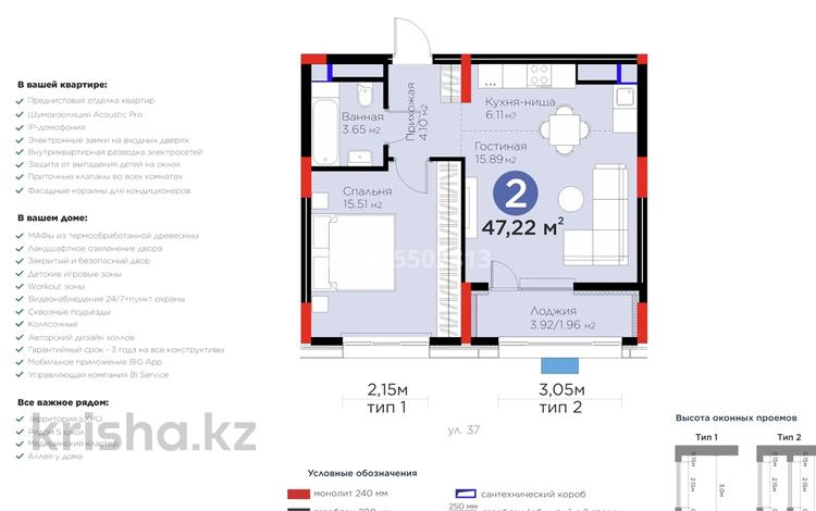 2-комнатная квартира · 47.22 м² · 17/17 этаж, Турар Рыскулов 16/4 за 40 млн ₸ в Астане — фото 2