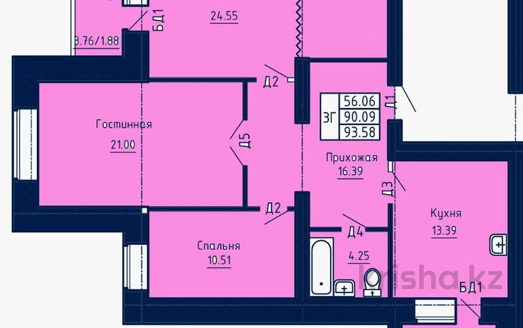 3-комнатная квартира, 93.1 м², 9/10 этаж, мкр. Батыс-2