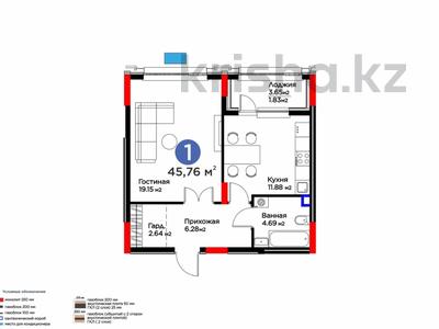 1-бөлмелі пәтер · 45.76 м² · 2/9 қабат, Е-899 3/1, бағасы: 38 млн ₸ в Астане, Нура р-н