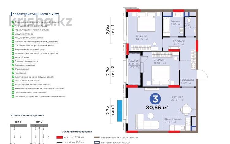 3-комнатная квартира, 80.66 м², 9/12 этаж, Бухар жырау 26 за ~ 60.5 млн 〒 в Астане — фото 2