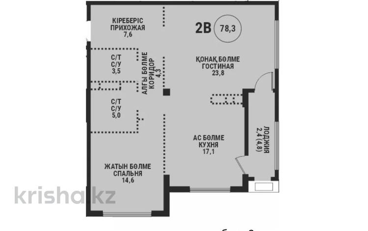 2-бөлмелі пәтер · 78.3 м² · 2/3 қабат, мкр Курамыс, Кенесары хана 43/7, бағасы: ~ 90.5 млн ₸ в Алматы, Наурызбайский р-н — фото 2